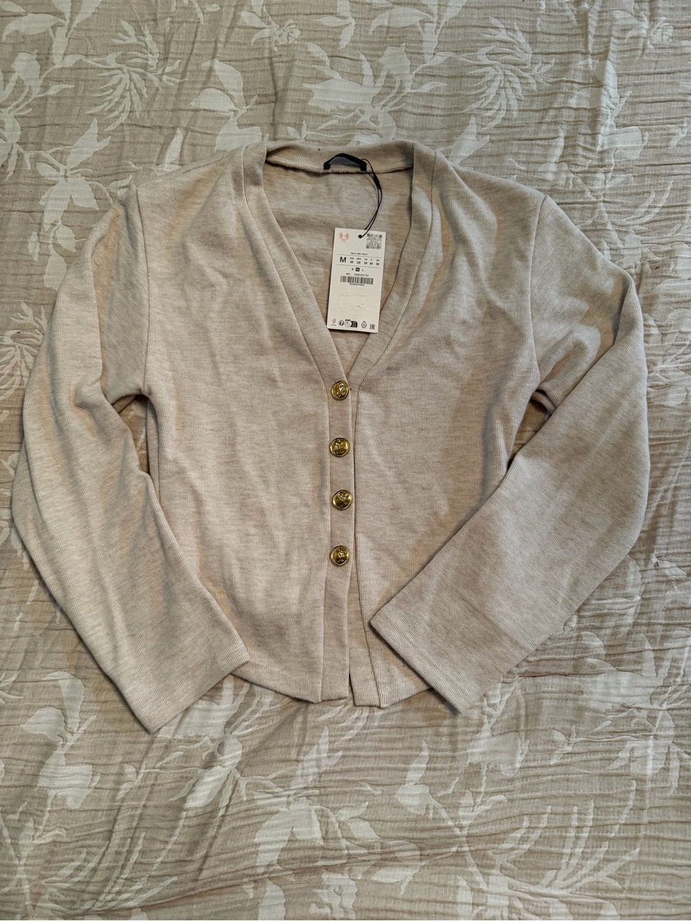 Zara Light Beige Button-Front V-Neck Cardigan